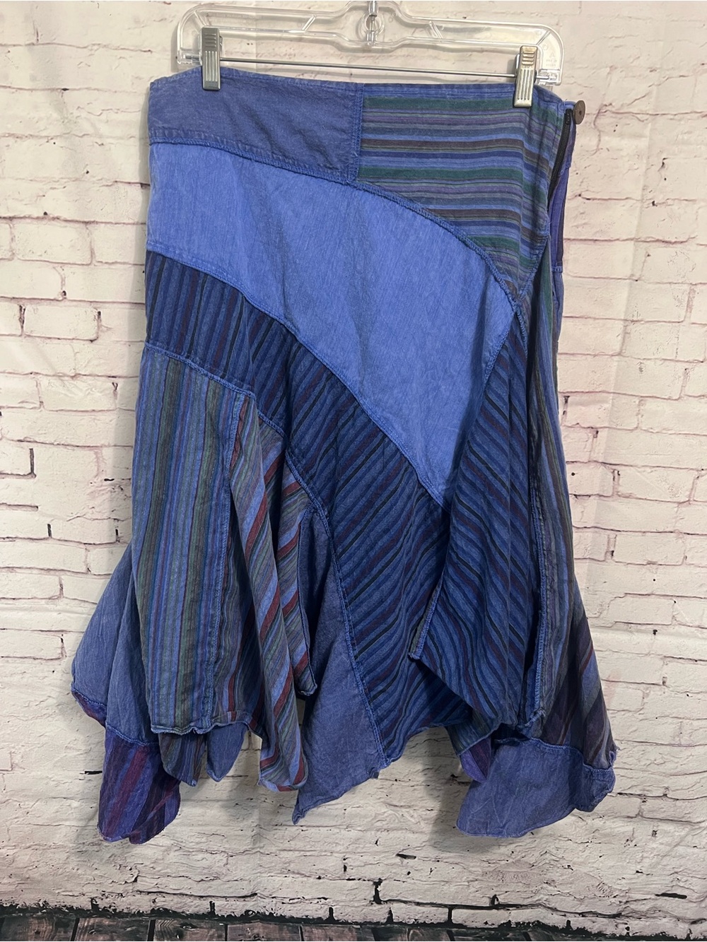 Sacred Threads Blue Patchwork Fairy Skirt XL Handkerchief Hem Boho Stripe Cotton